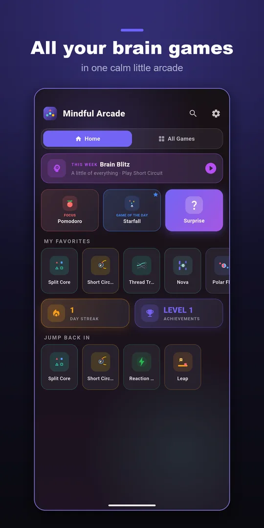 The Mindful Arcade home screen with the Game of the Day, favourites and a jump-back-in row