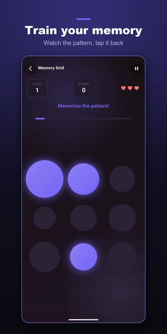 Memory Grid: a pattern of circles to watch and tap back