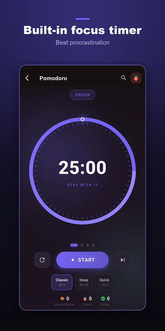 The built-in Pomodoro focus timer counting down from 25 minutes