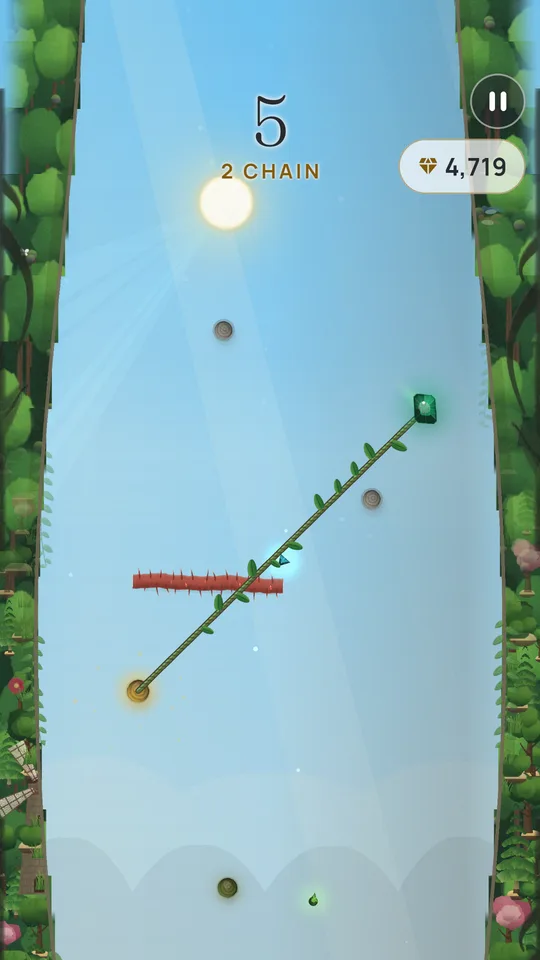 Swinging on a tether between pegs in the Sunlit Forest gorge