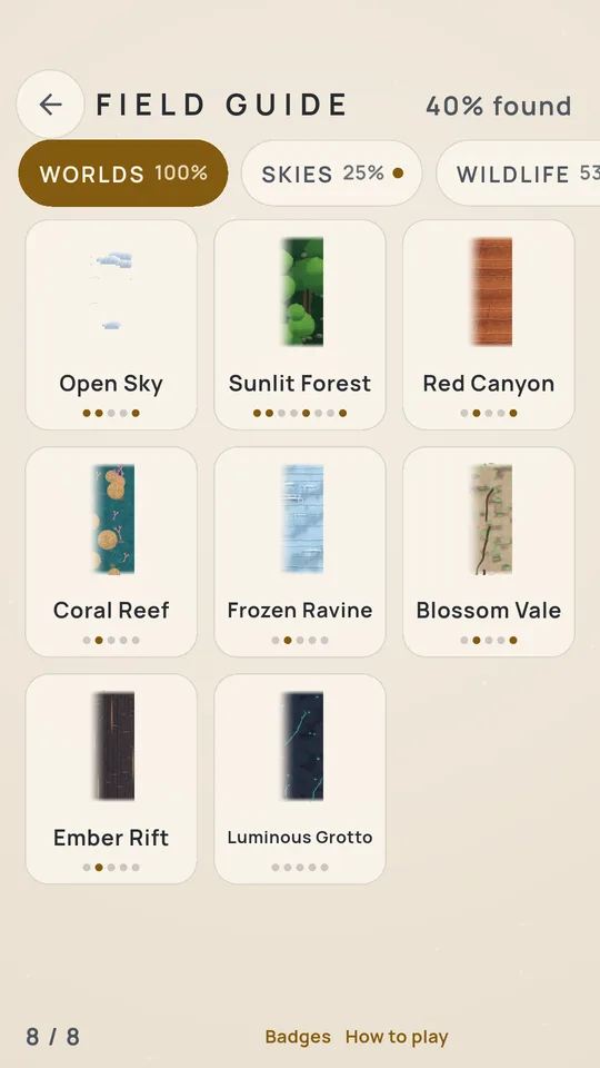 The SkyGrip field guide, showing the eight worlds discovered so far