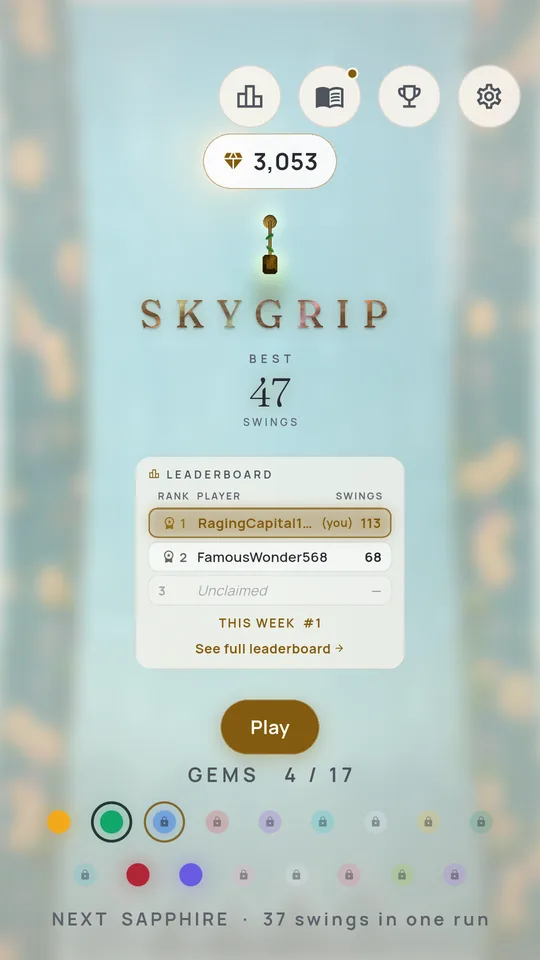 The SkyGrip title screen with best score, gems and the weekly leaderboard