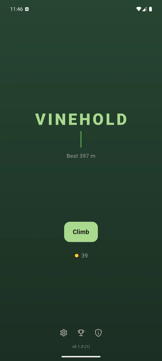 The Vinehold title screen with the best height so far